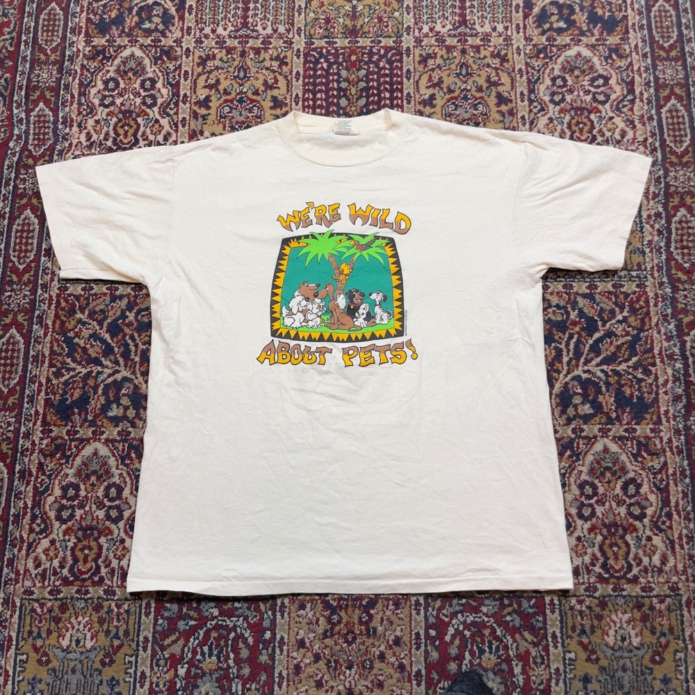VTG 80s 90s Oneita Wild About Pets Graphic T-Shirt Single Stitch Cream XL USA